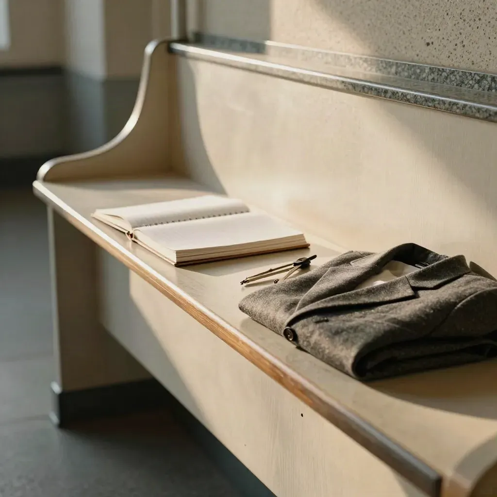 Banco di studio con quaderni chiusi, compasso e blazer piegato in luce del tardo pomeriggio.