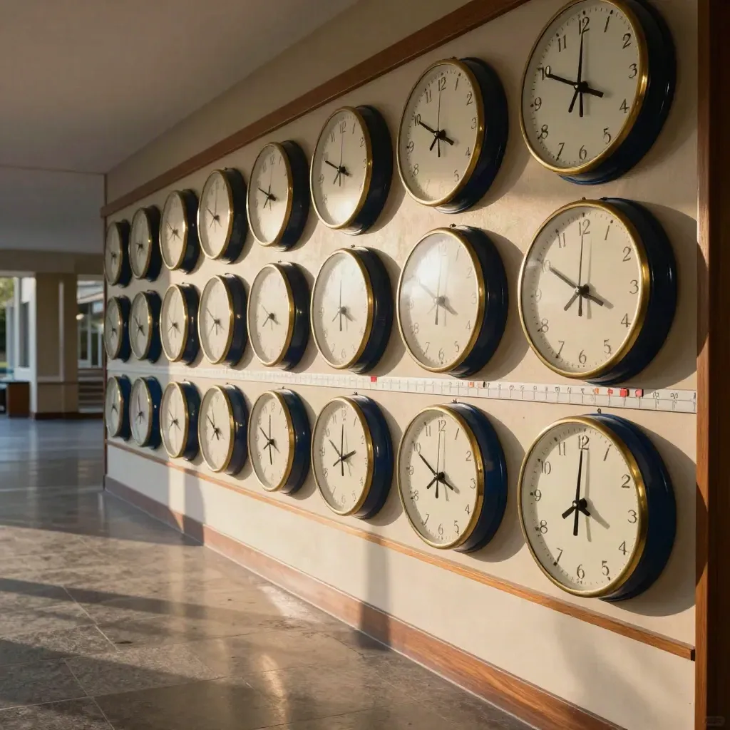 Parete di orologi sincronizzati e campanelli in un angolo del collegio con corridoio in prospettiva.