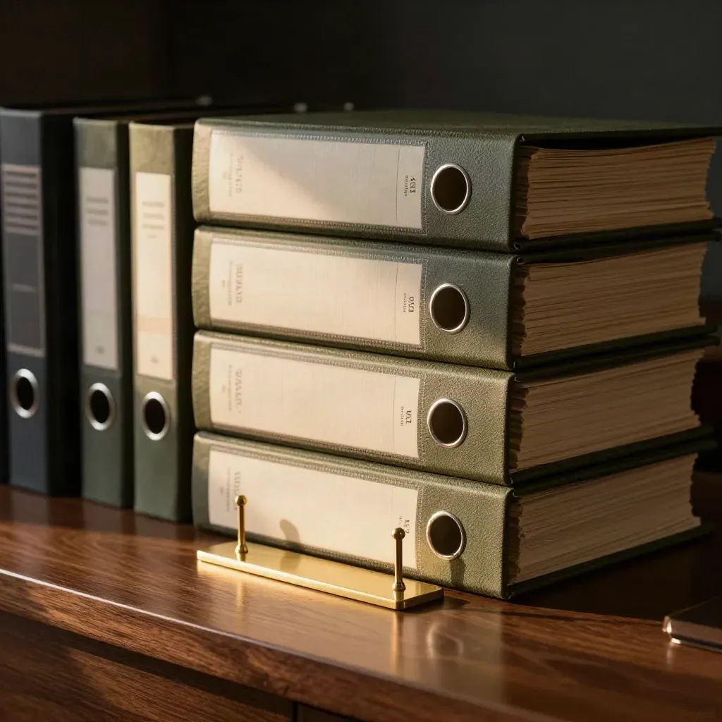 Archivio docenti con raccoglitori, buste ritratto e leggìo in ottone su legno scuro.