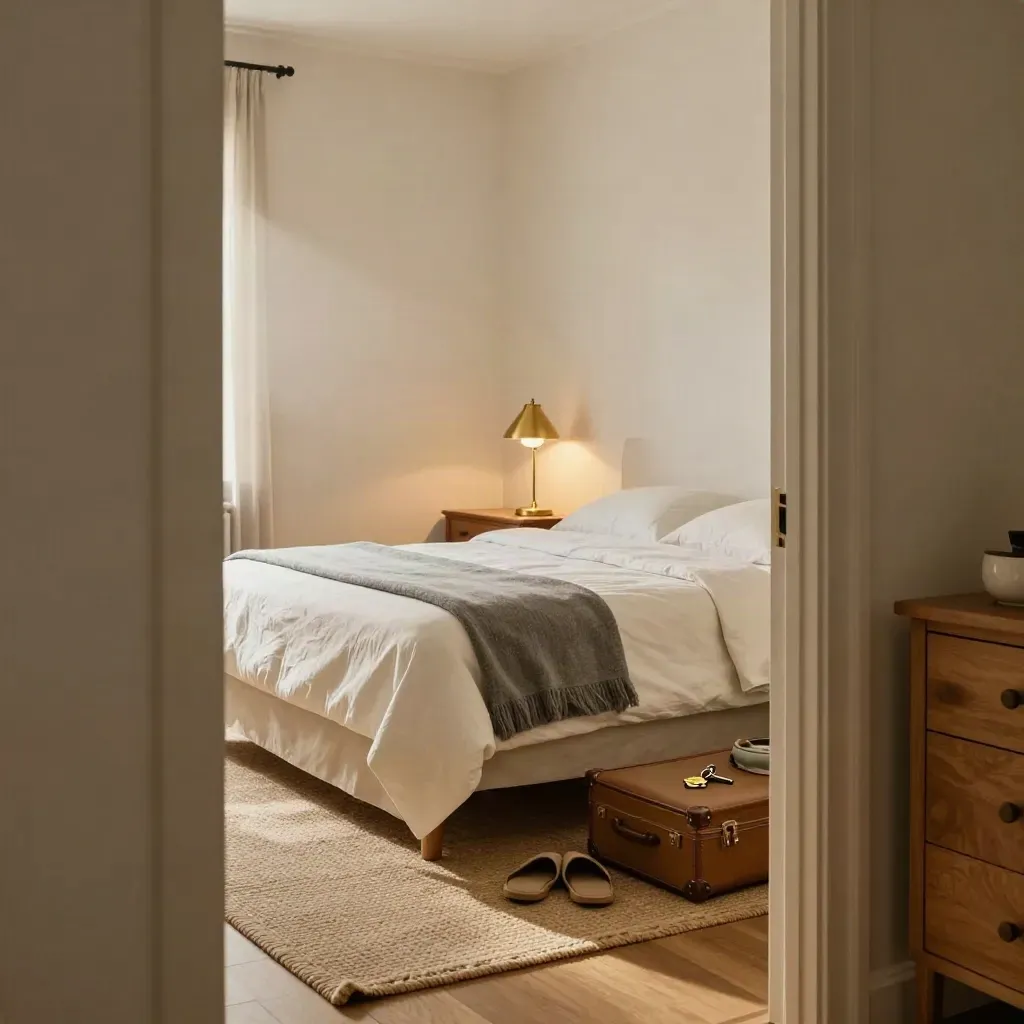 Stanza del convitto ordinata con letto singolo, valigia, chiave in ottone e lampada accesa.