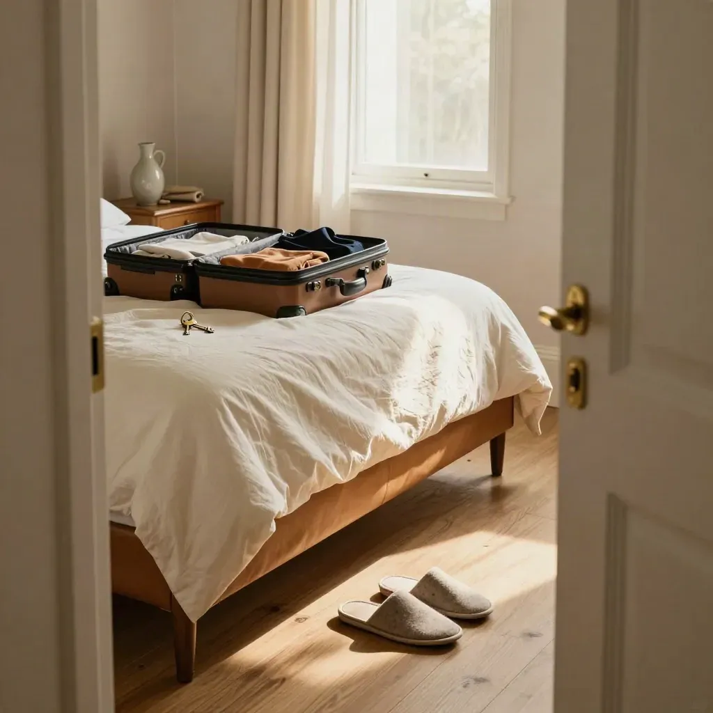 Stanza del convitto pronta, con letto fatto, valigia, pantofole e chiave sul comodino.
