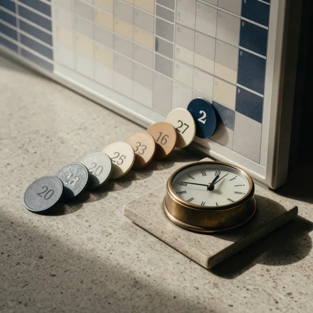 Tab colorati, dischi data e orologio in pietra su sfondo elegante e ordinato.
