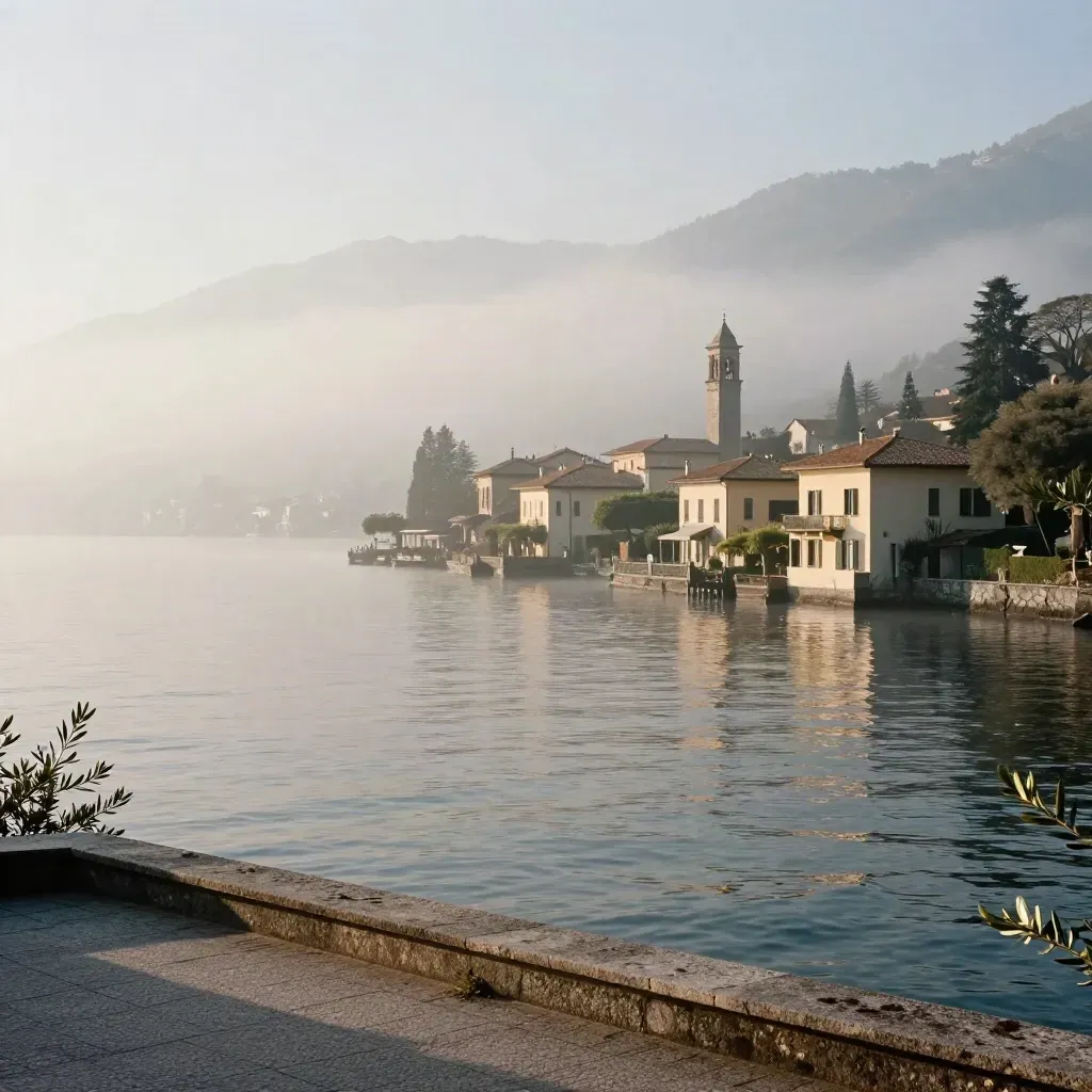Lago di Como all’alba con ville nella foschia e un campanile alto sull’acqua.