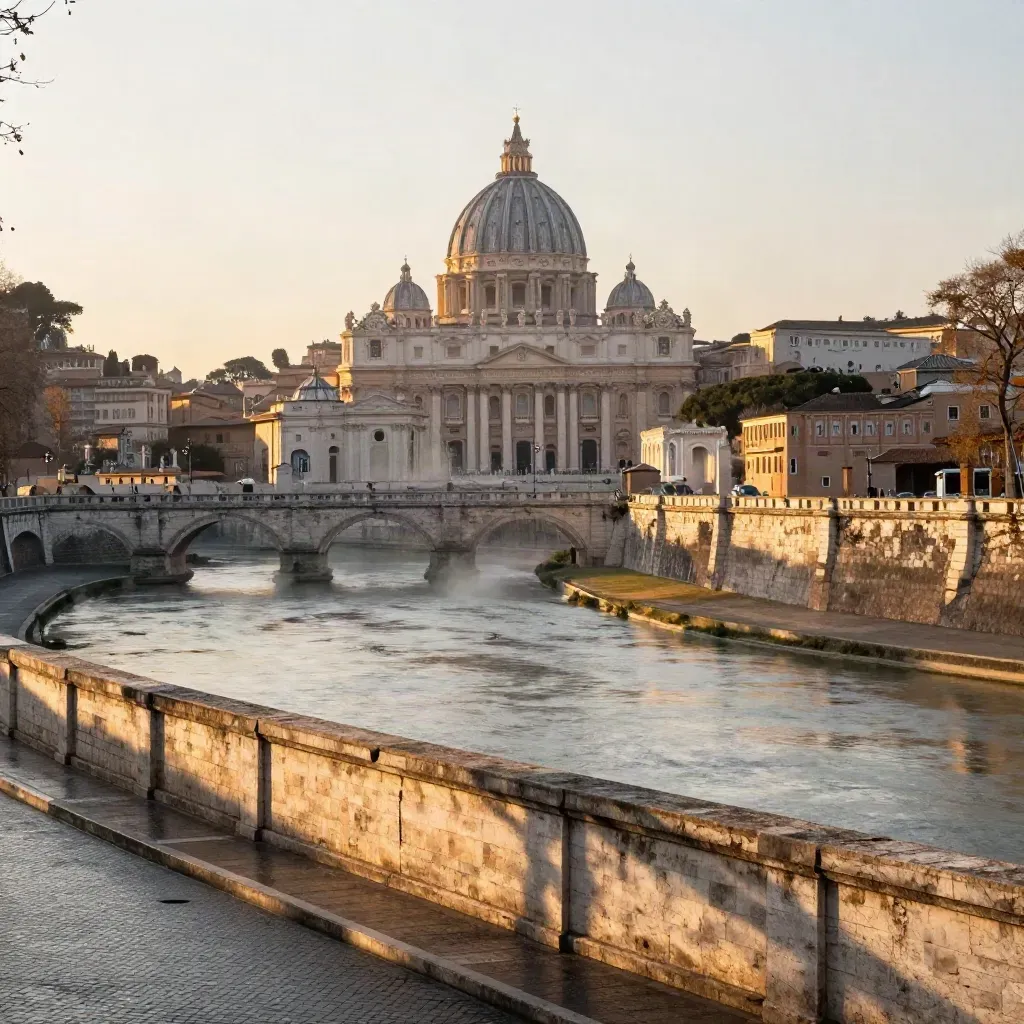 Veduta di Roma all’alba con cupole e fiume sopra una terrazza in travertino.
