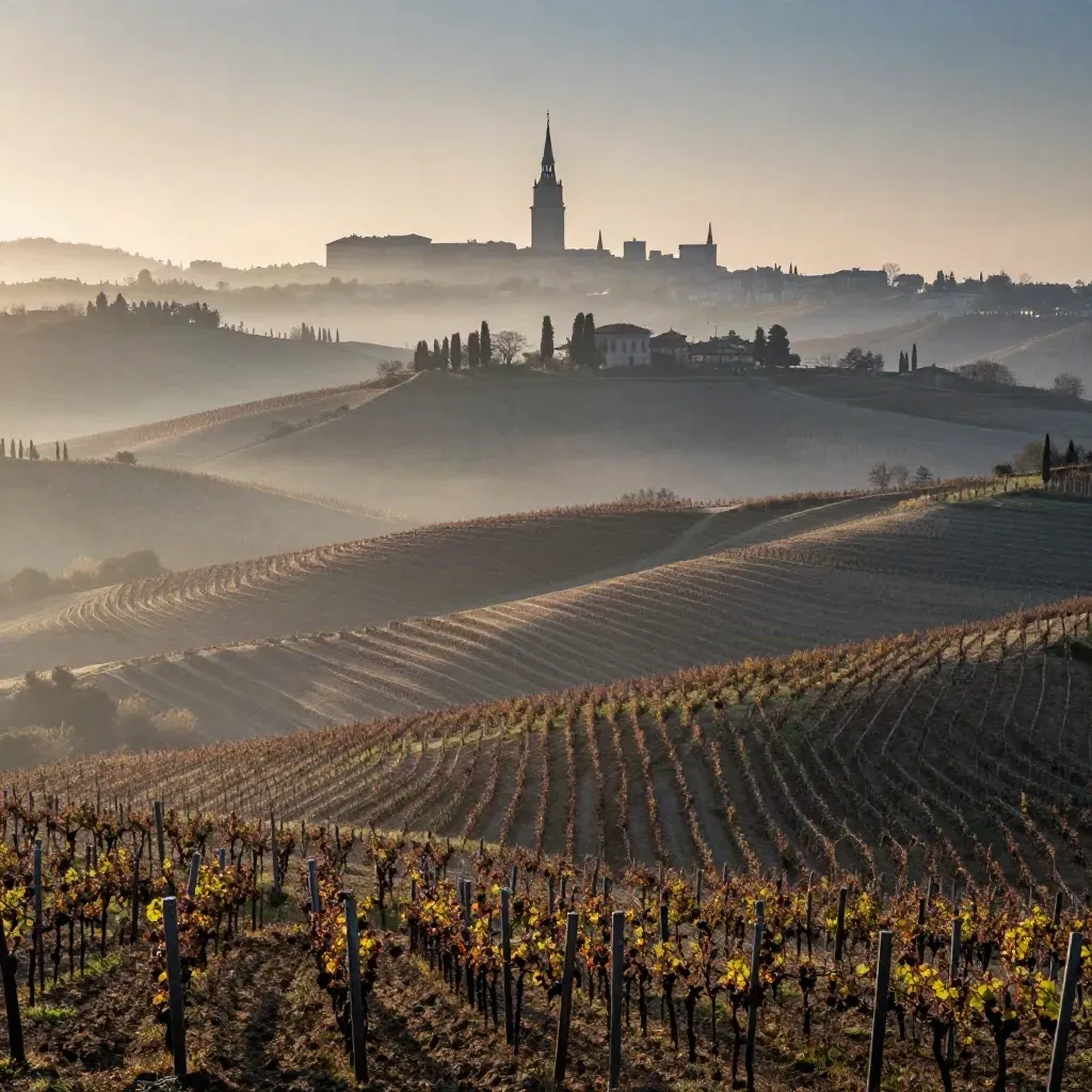 Colline delle Langhe al mattino con Torino velata e la Mole Antonelliana in alto