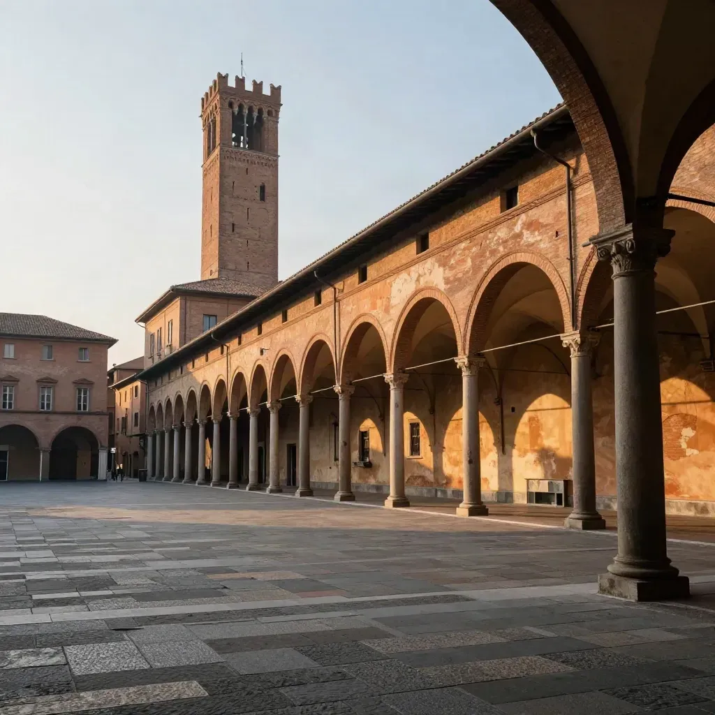 Portici di Bologna al tramonto con la Torre degli Asinelli sopra una piazza calma